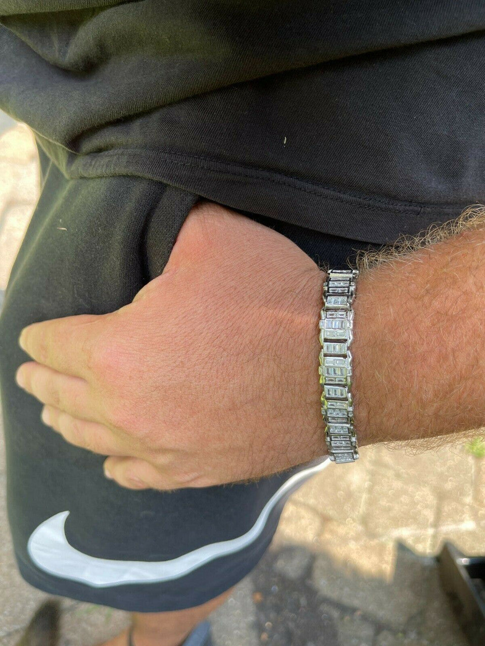 HarlemBling Mens Custom Link Real 925 Sterling Silver Bracelet Iced Baguette Out Diamond