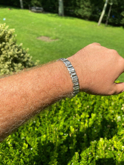 HarlemBling Mens Custom Link Real 925 Sterling Silver Bracelet Iced Baguette Out Diamond