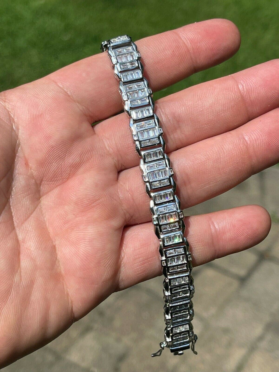 HarlemBling Mens Custom Link Real 925 Sterling Silver Bracelet Iced Baguette Out Diamond