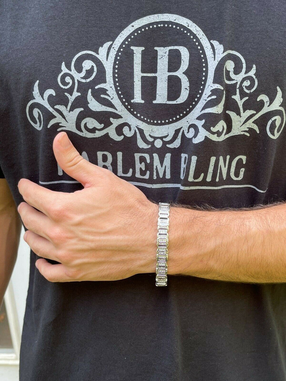 HarlemBling Mens Custom Link Real 925 Sterling Silver Bracelet Iced Baguette Out Diamond