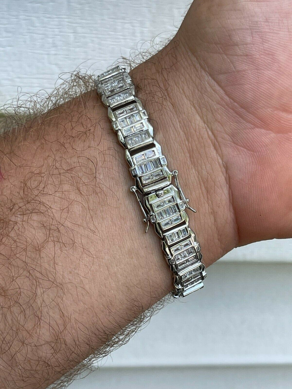 HarlemBling Mens Custom Link Real 925 Sterling Silver Bracelet Iced Baguette Out Diamond