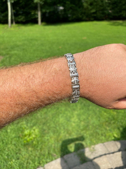 HarlemBling Mens Custom Link Real 925 Sterling Silver Bracelet Iced Baguette Out Hip Hop