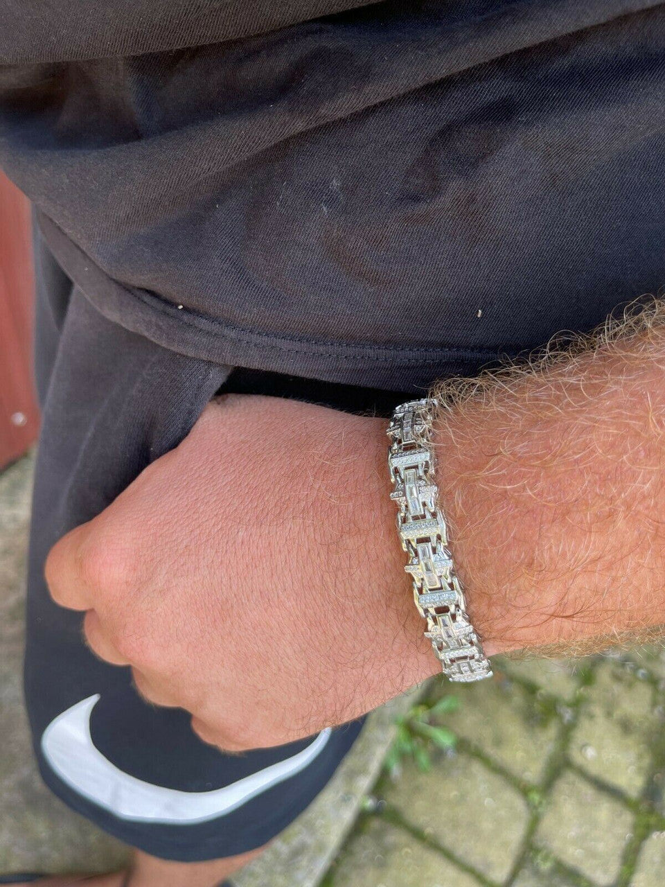 HarlemBling Mens Custom Link Real 925 Sterling Silver Bracelet Iced Baguette Out Hip Hop