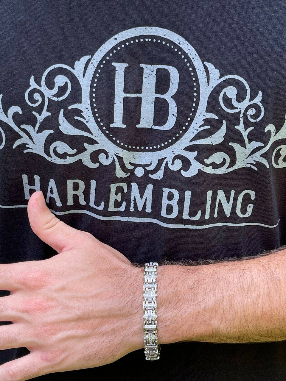 HarlemBling Mens Custom Link Real 925 Sterling Silver Bracelet Iced Baguette Out Hip Hop
