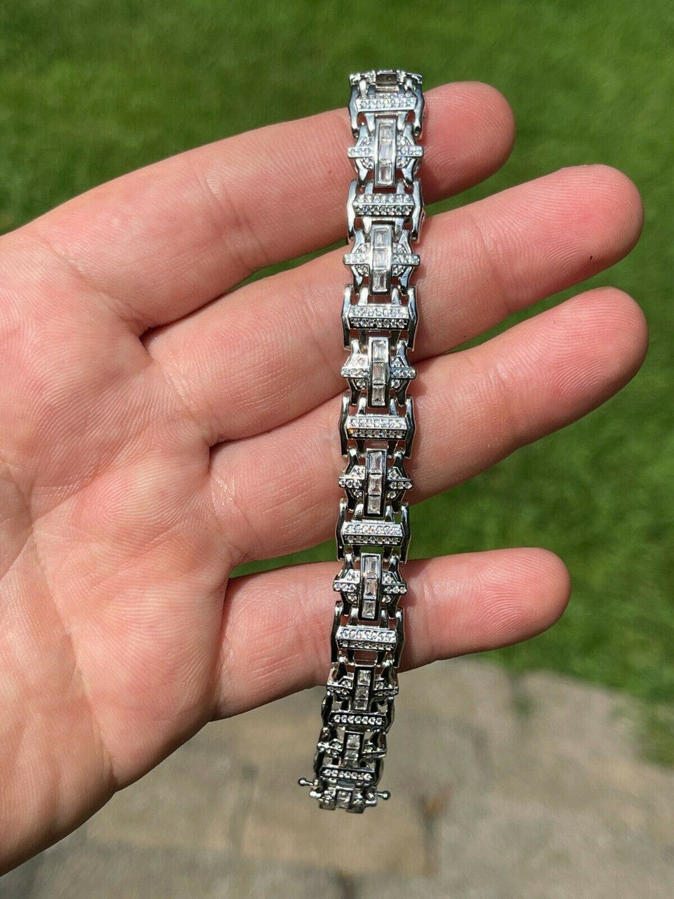 HarlemBling Mens Custom Link Real 925 Sterling Silver Bracelet Iced Baguette Out Hip Hop