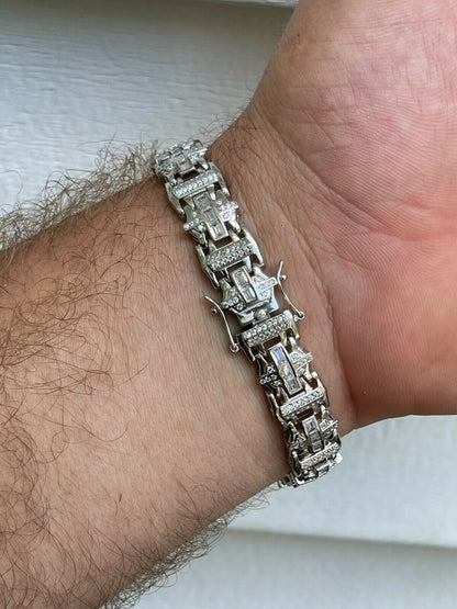 HarlemBling Mens Custom Link Real 925 Sterling Silver Bracelet Iced Baguette Out Hip Hop