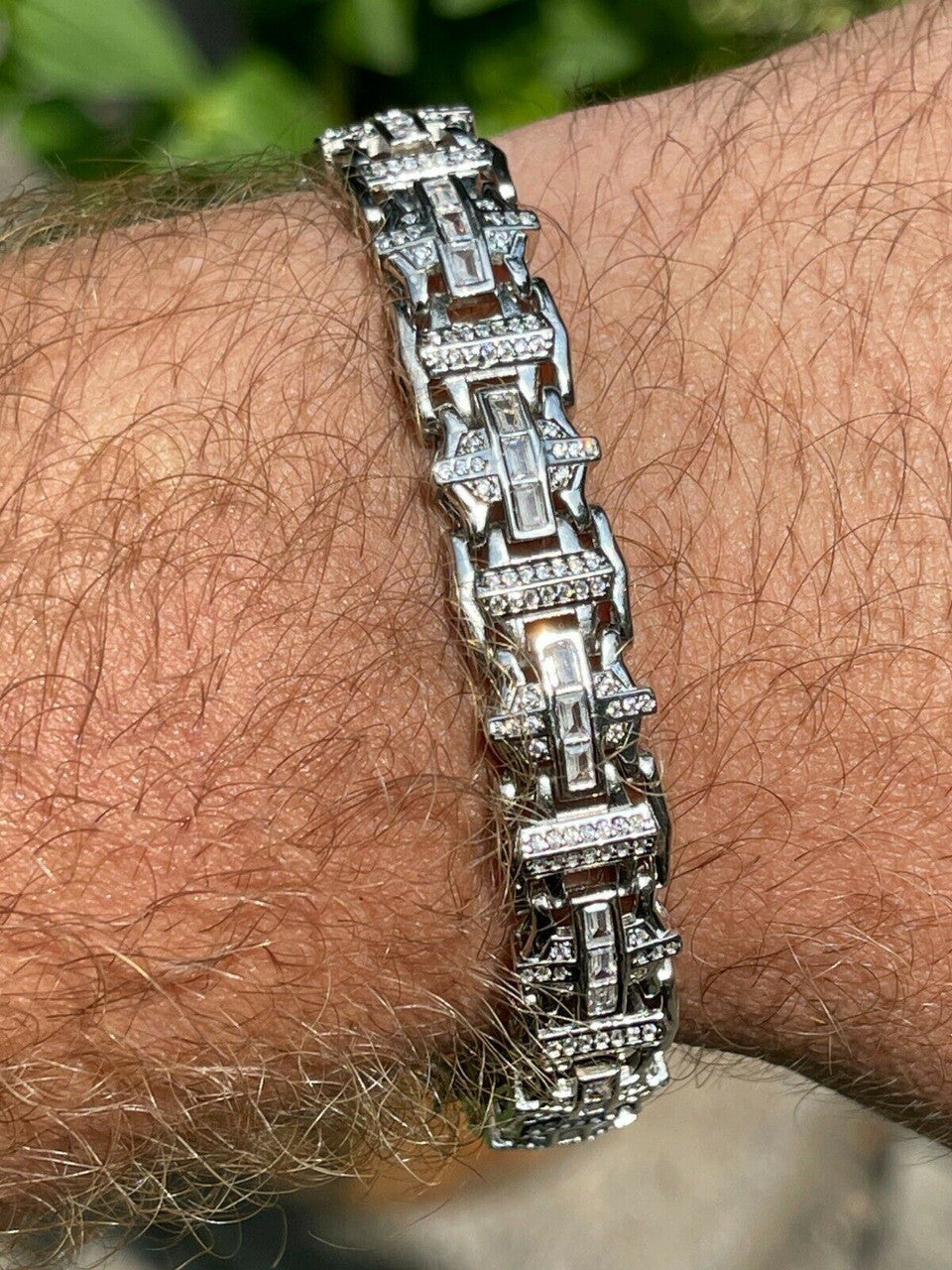 HarlemBling Mens Custom Link Real 925 Sterling Silver Bracelet Iced Baguette Out Hip Hop