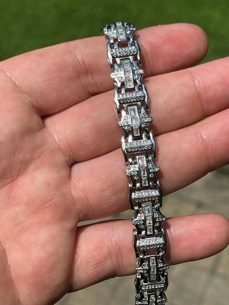 HarlemBling Mens Custom Link Real 925 Sterling Silver Bracelet Iced Baguette Out Hip Hop