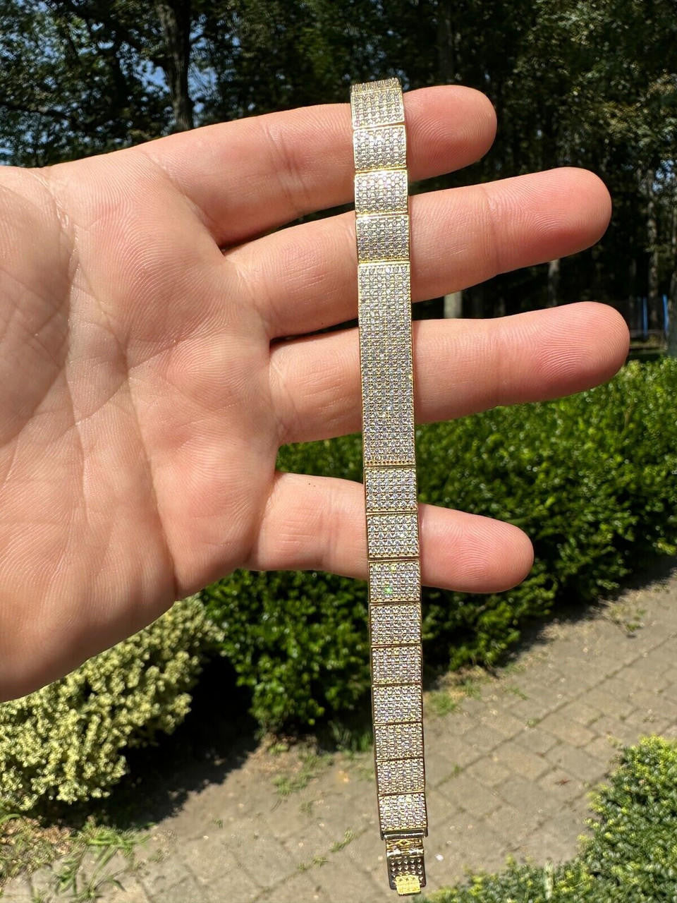 HarlemBling Mens Custom Made ICY Hip Hop Bracelet 14k Gold Plated 925 Sterling Silver CZ