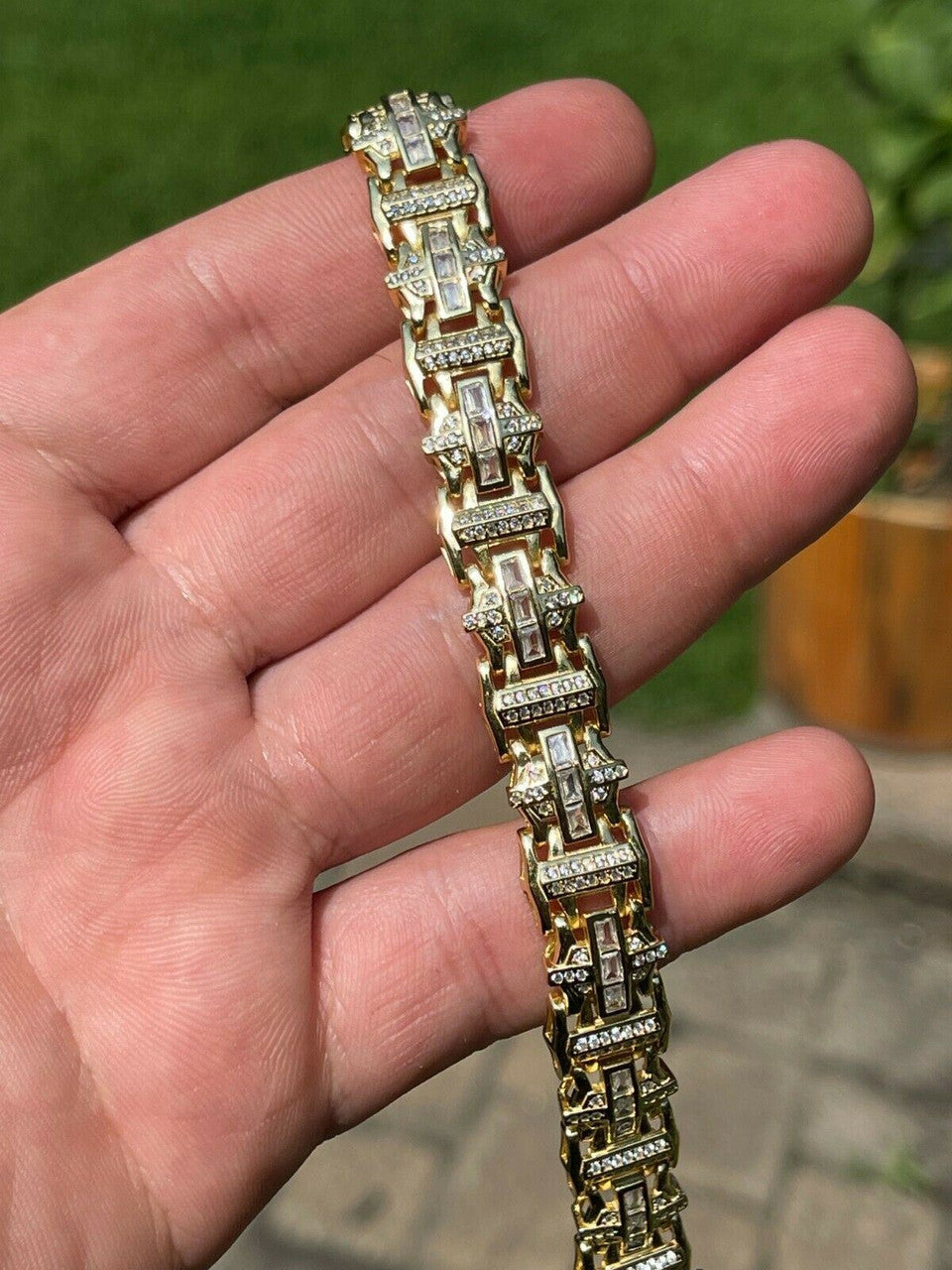 HarlemBling Mens Custom Real 14k Gold Vermeil 925 Silver Bracelet Iced Baguette Out Hip Hop