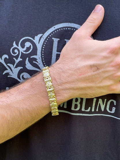 HarlemBling Mens Custom Real 14k Gold Vermeil 925 Silver Bracelet Iced Baguette Out Hip Hop