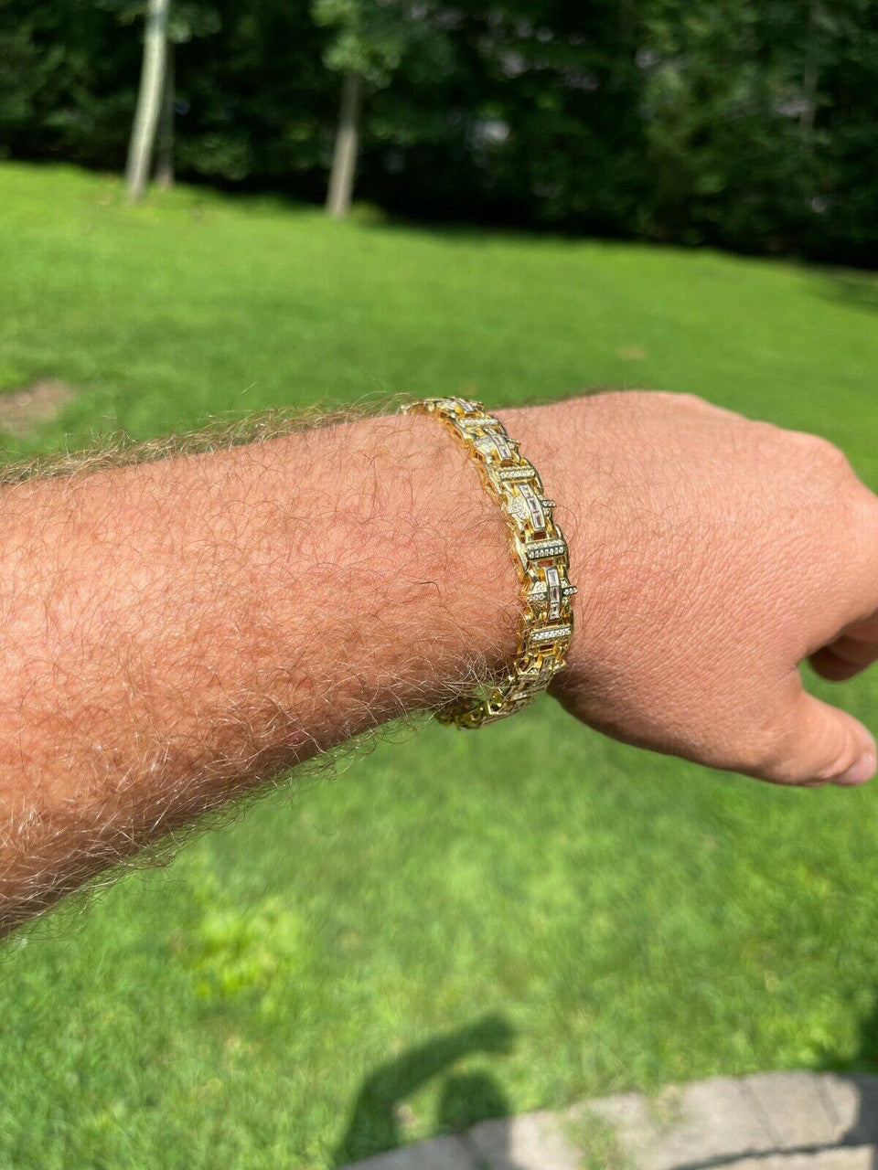 HarlemBling Mens Custom Real 14k Gold Vermeil 925 Silver Bracelet Iced Baguette Out Hip Hop