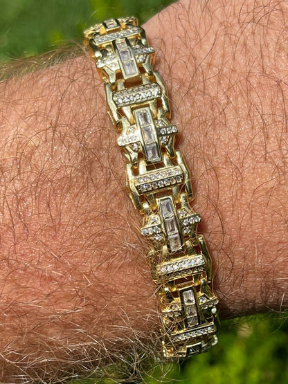 HarlemBling Mens Custom Real 14k Gold Vermeil 925 Silver Bracelet Iced Baguette Out Hip Hop