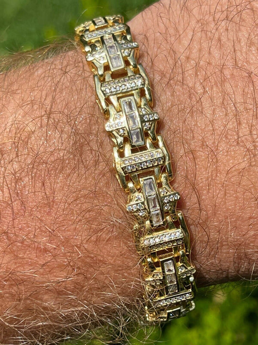 HarlemBling Mens Custom Real 14k Gold Vermeil 925 Silver Bracelet Iced Baguette Out Hip Hop