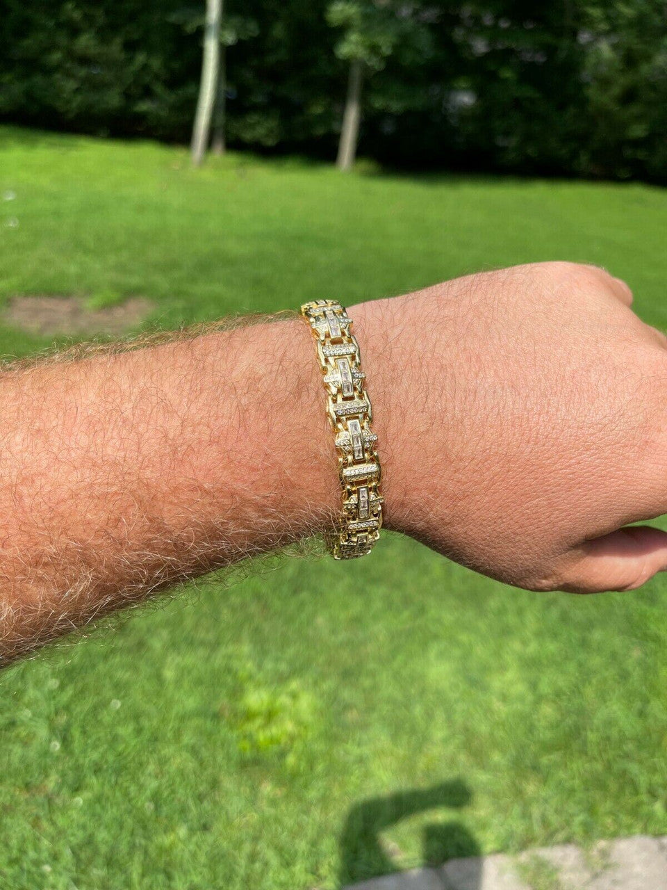 HarlemBling Mens Custom Real 14k Gold Vermeil 925 Silver Bracelet Iced Baguette Out Hip Hop