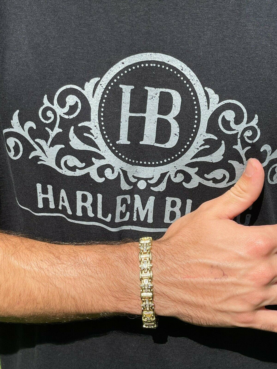 HarlemBling Mens Custom Real 14k Gold Vermeil 925 Silver Bracelet Iced Baguette Out Hip Hop