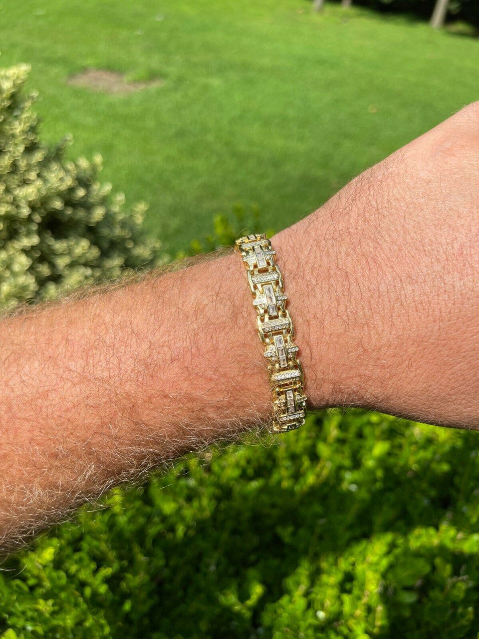 HarlemBling Mens Custom Real 14k Gold Vermeil 925 Silver Bracelet Iced Baguette Out Hip Hop