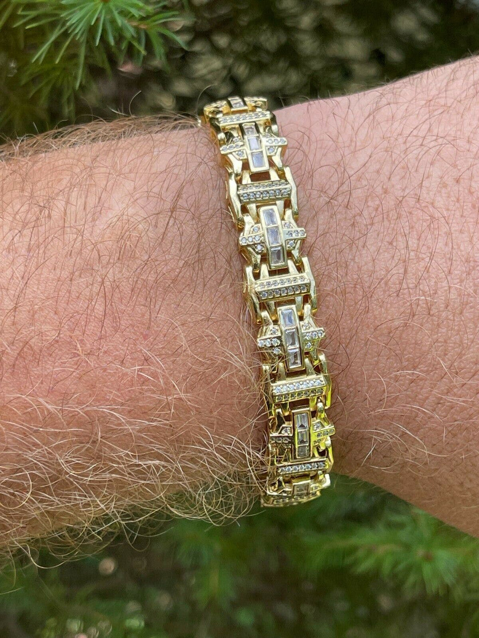 HarlemBling Mens Custom Real 14k Gold Vermeil 925 Silver Bracelet Iced Baguette Out Hip Hop