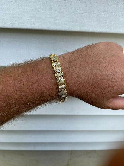 HarlemBling Mens Custom Real 14k Gold Vermeil 925 Silver Bracelet Iced Baguette Out Hip Hop