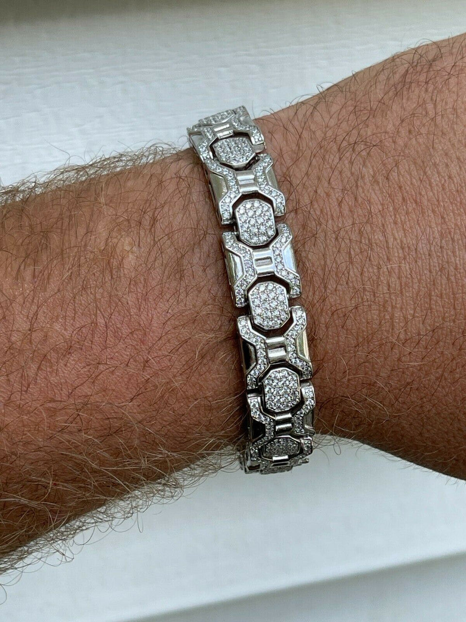 HarlemBling Mens Custom Real Solid 925 Sterling Silver Bracelet Iced Diamond 13.5mm Hip Hop