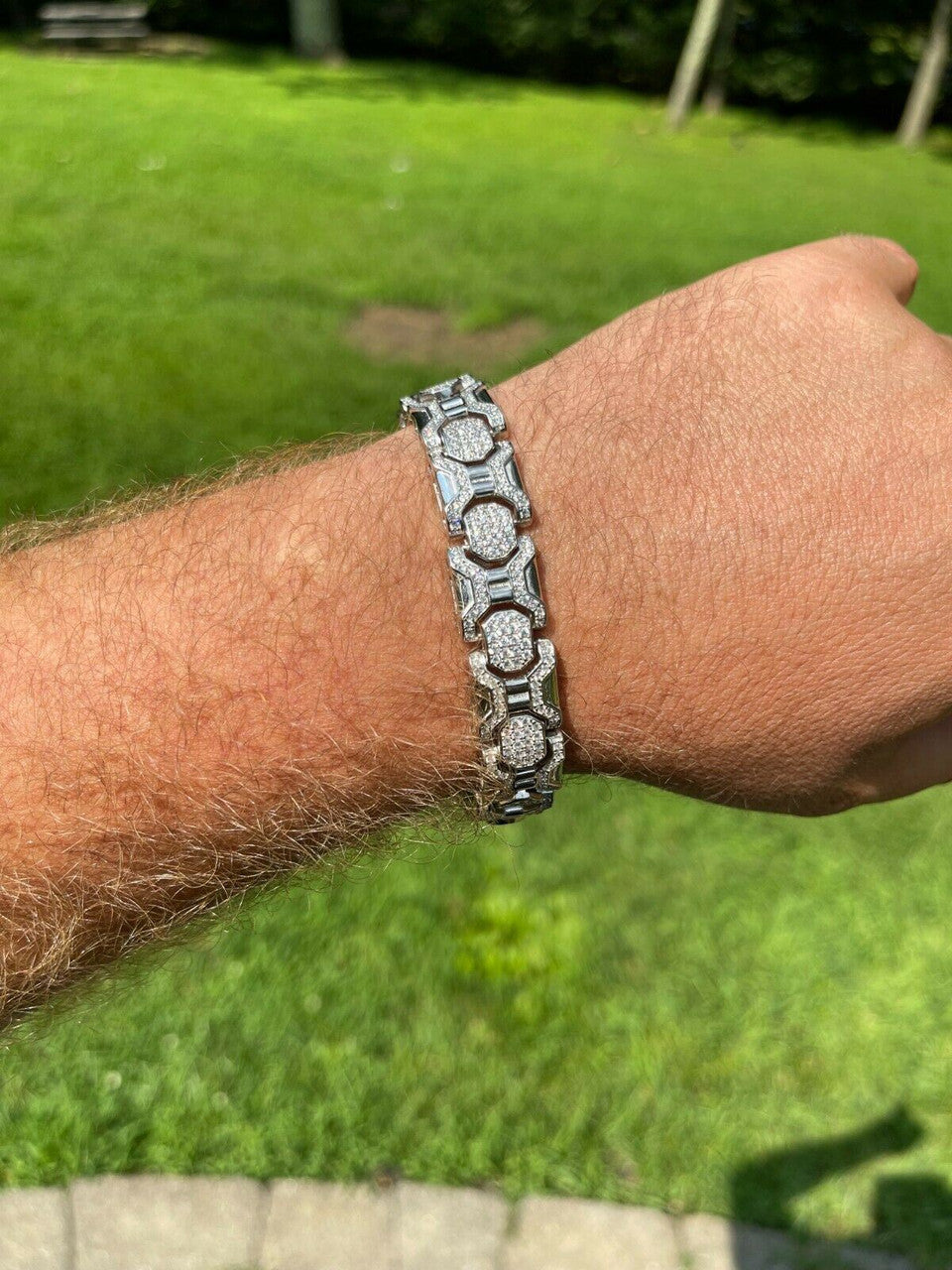 HarlemBling Mens Custom Real Solid 925 Sterling Silver Bracelet Iced Diamond 13.5mm Hip Hop