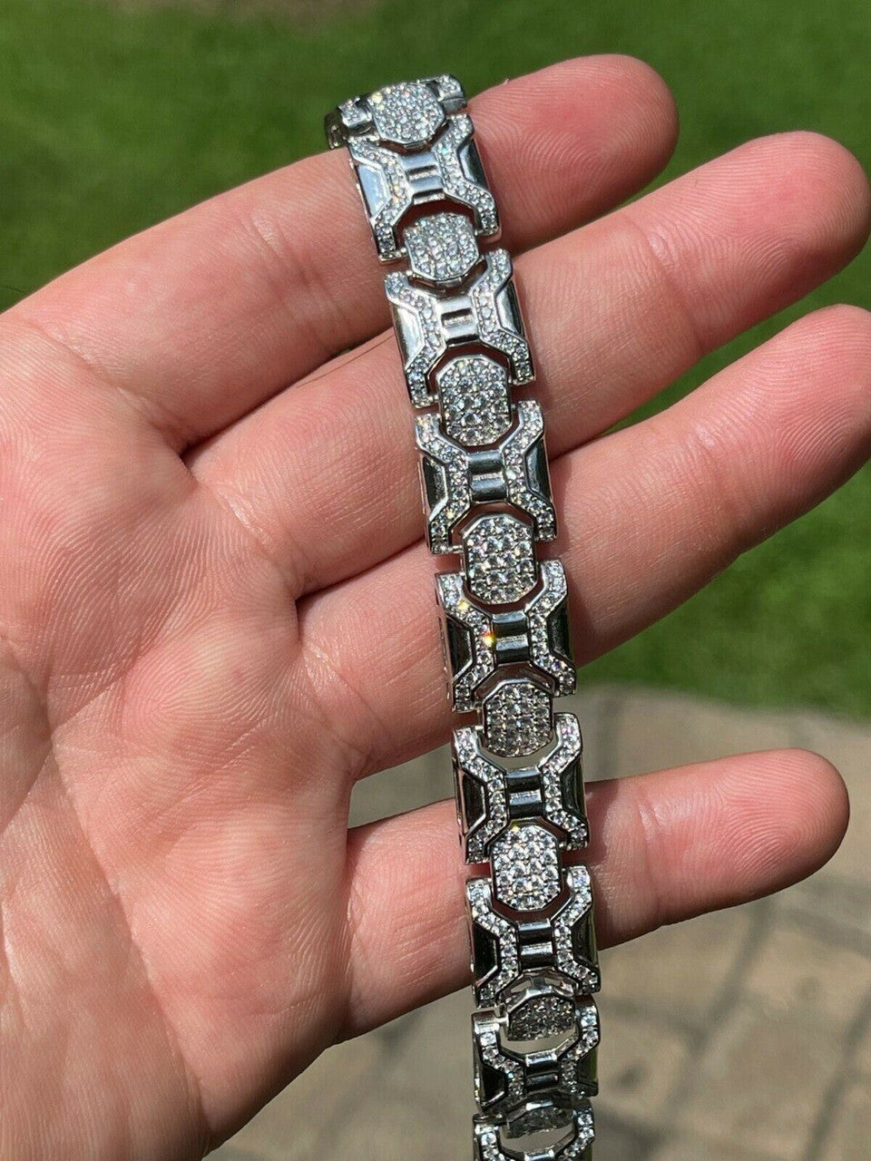 HarlemBling Mens Custom Real Solid 925 Sterling Silver Bracelet Iced Diamond 13.5mm Hip Hop