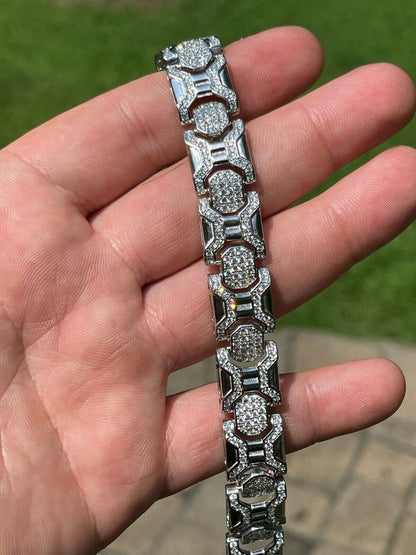 HarlemBling Mens Custom Real Solid 925 Sterling Silver Bracelet Iced Diamond 13.5mm Hip Hop