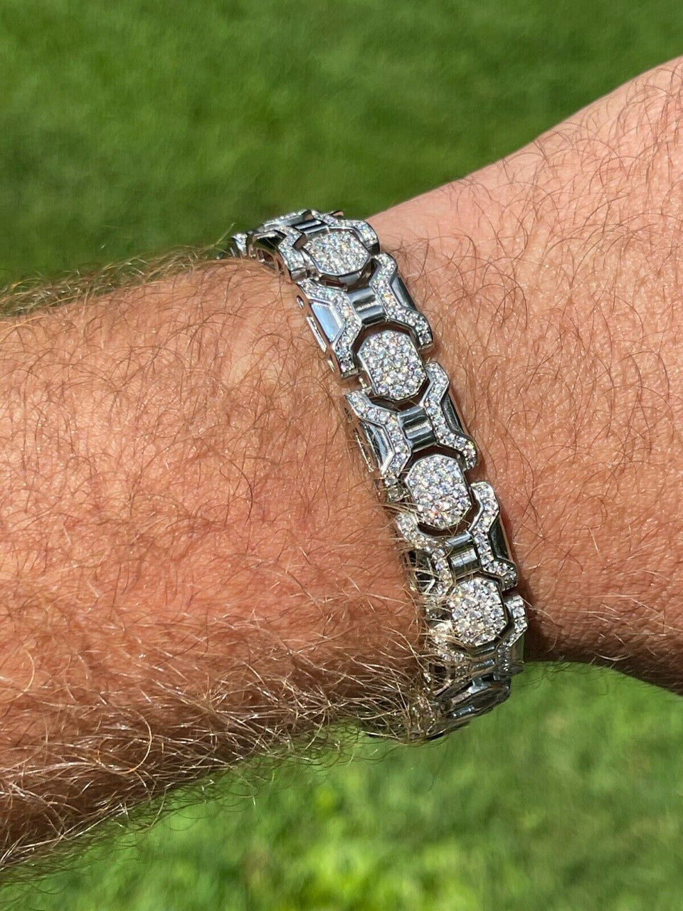 HarlemBling Mens Custom Real Solid 925 Sterling Silver Bracelet Iced Diamond 13.5mm Hip Hop