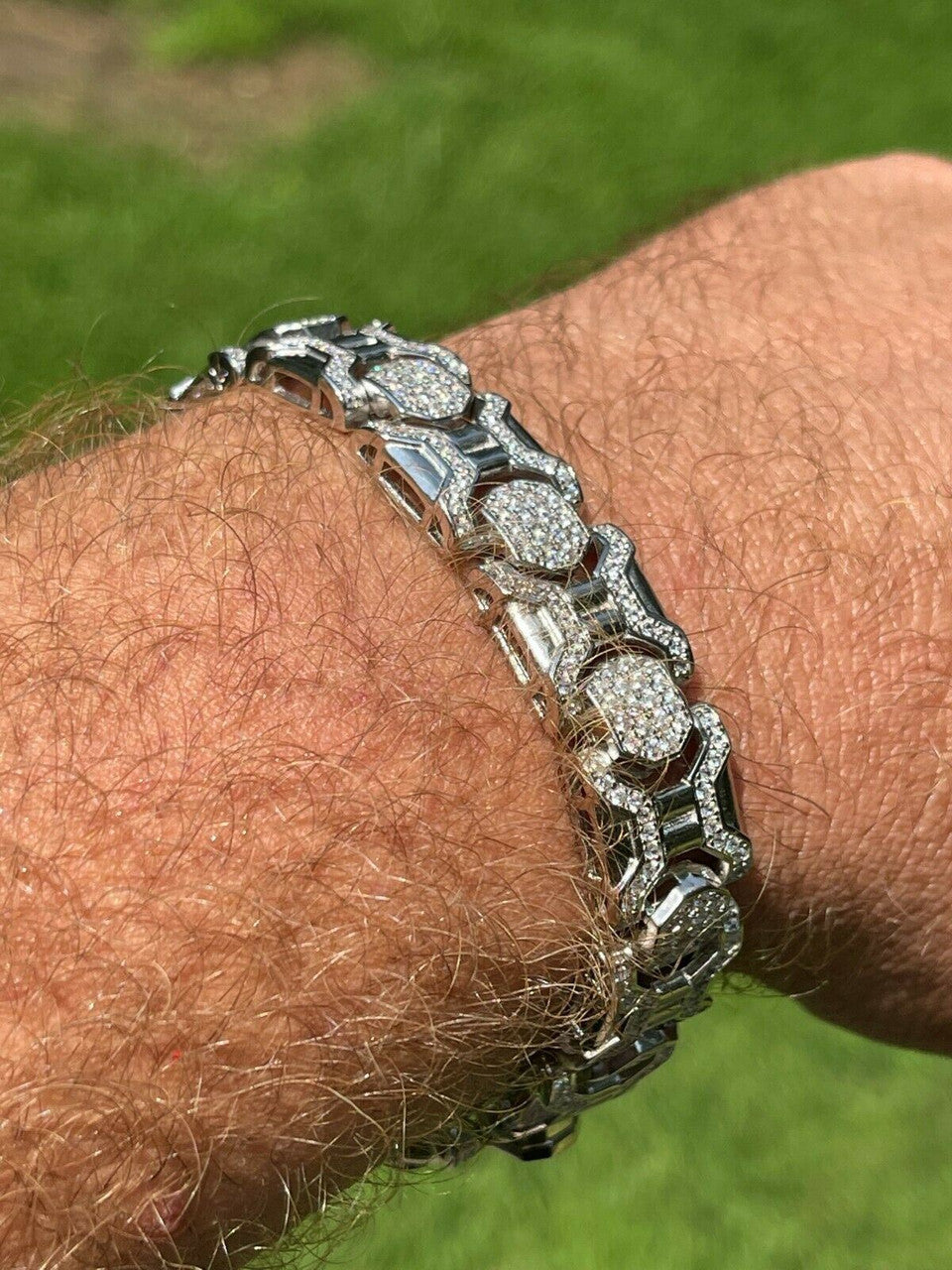 HarlemBling Mens Custom Real Solid 925 Sterling Silver Bracelet Iced Diamond 13.5mm Hip Hop