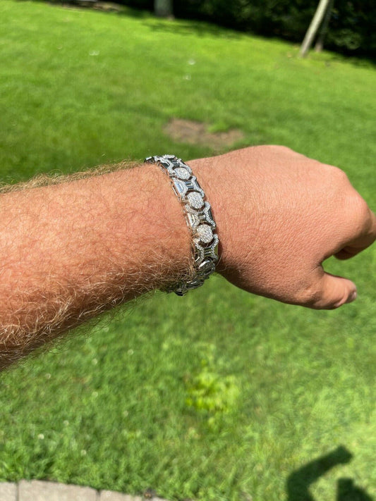 HarlemBling Mens Custom Real Solid 925 Sterling Silver Bracelet Iced Diamond 13.5mm Hip Hop