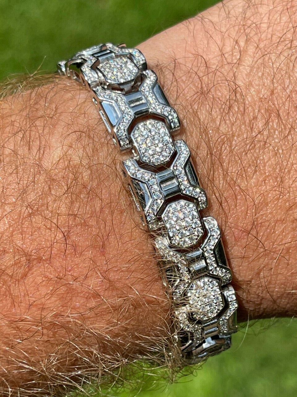 HarlemBling Mens Custom Real Solid 925 Sterling Silver Bracelet Iced Diamond 13.5mm Hip Hop
