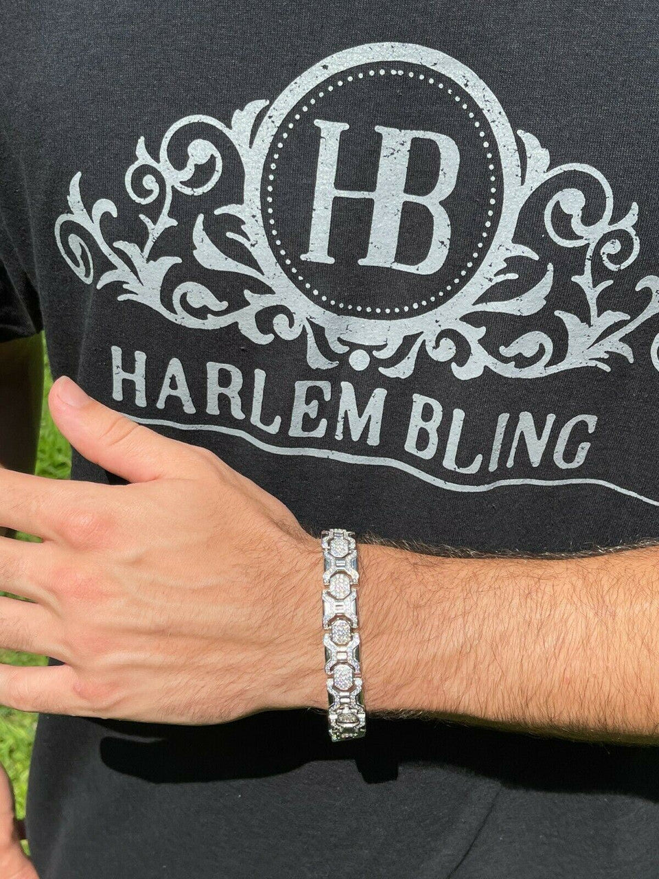 HarlemBling Mens Custom Real Solid 925 Sterling Silver Bracelet Iced Diamond 13.5mm Hip Hop