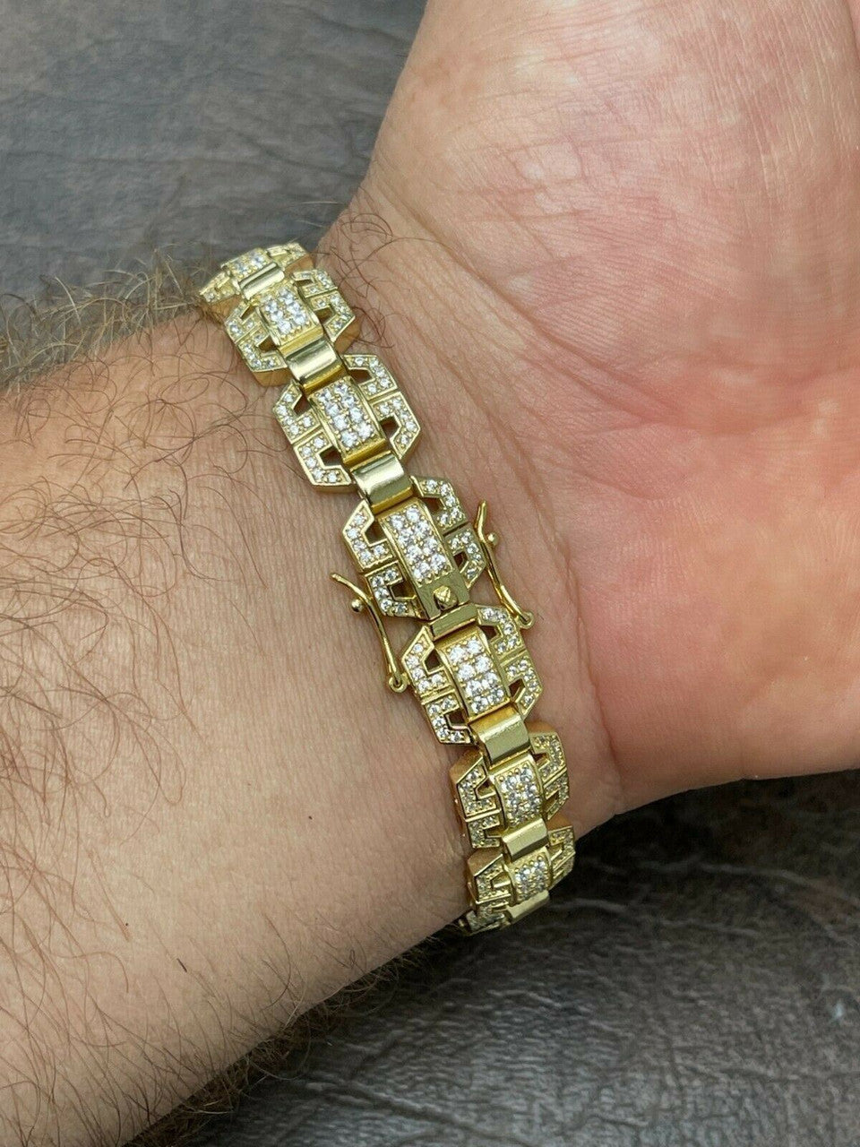 HarlemBling Mens Custom Square Link 14k Gold Vermeil Real 925 Sterling Silver Bracelet Iced