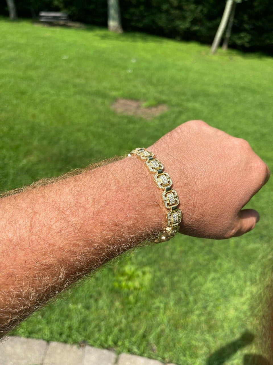 HarlemBling Mens Custom Square Link 14k Gold Vermeil Real 925 Sterling Silver Bracelet Iced