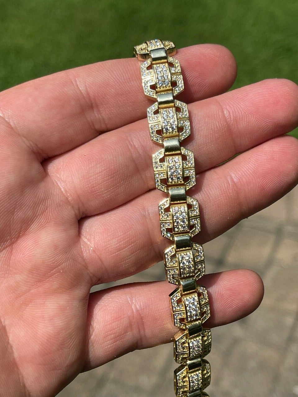 HarlemBling Mens Custom Square Link 14k Gold Vermeil Real 925 Sterling Silver Bracelet Iced