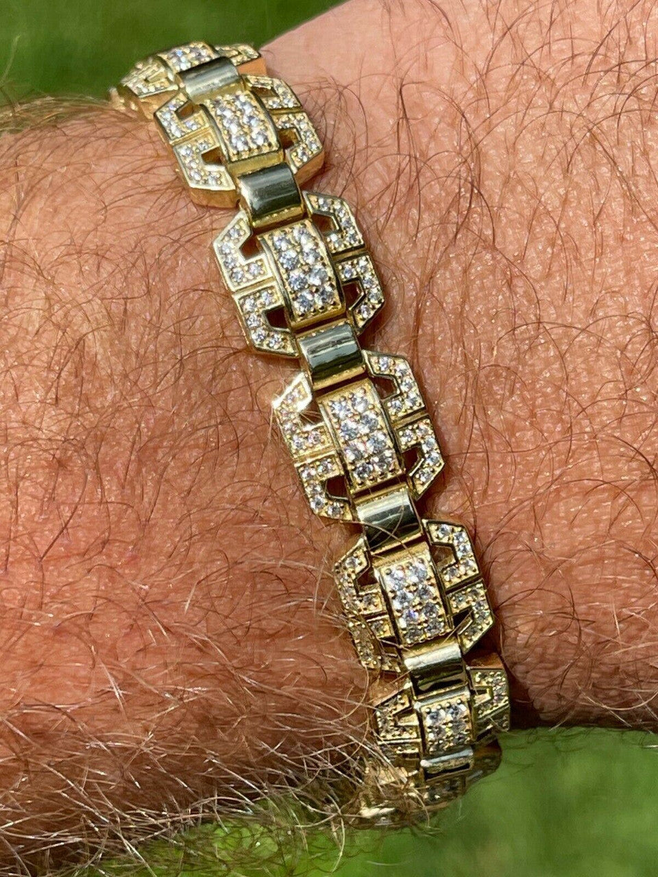 HarlemBling Mens Custom Square Link 14k Gold Vermeil Real 925 Sterling Silver Bracelet Iced