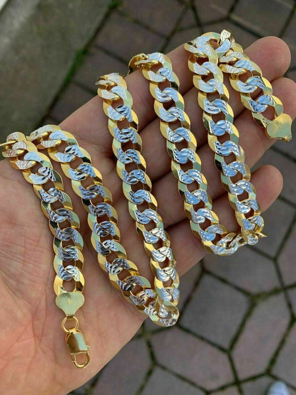 HarlemBling Mens Diamond Cut 11mm Miami Cuban Chain 14k Gold Over Solid 925 Silver Two Tone