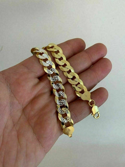 HarlemBling Mens Diamond Cut 11mm Miami Cuban Chain 14k Gold Over Solid 925 Silver Two Tone