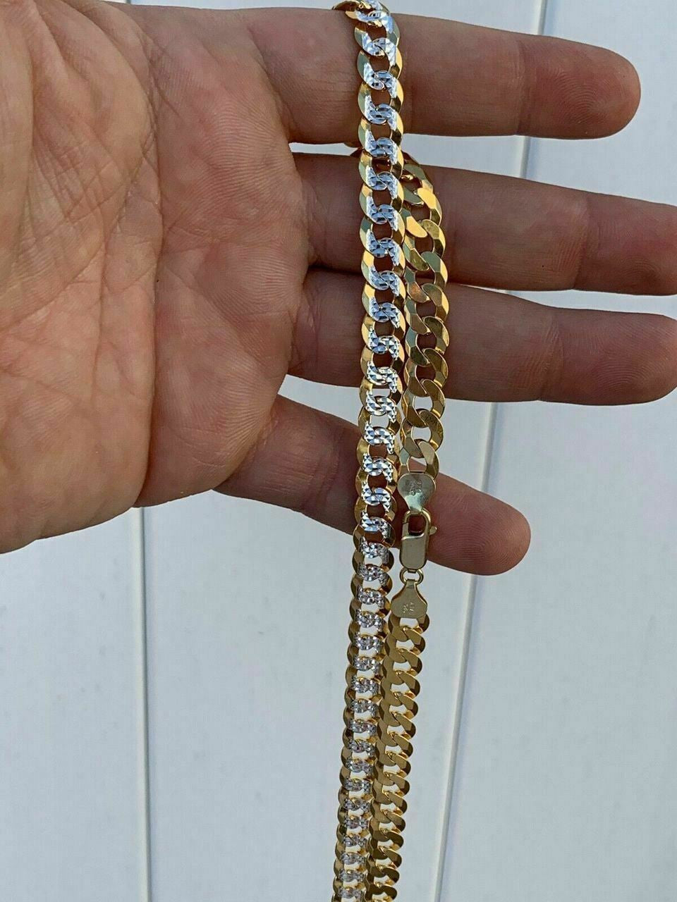 HarlemBling Mens Diamond Cut 8mm Cuban Chain 14k Gold Over Solid 925 Silver Two Tone ITALY
