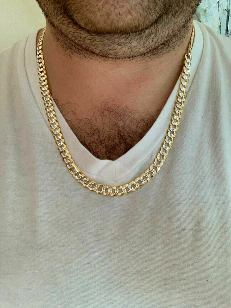 HarlemBling Mens Diamond Cut 8mm Cuban Chain 14k Gold Over Solid 925 Silver Two Tone ITALY