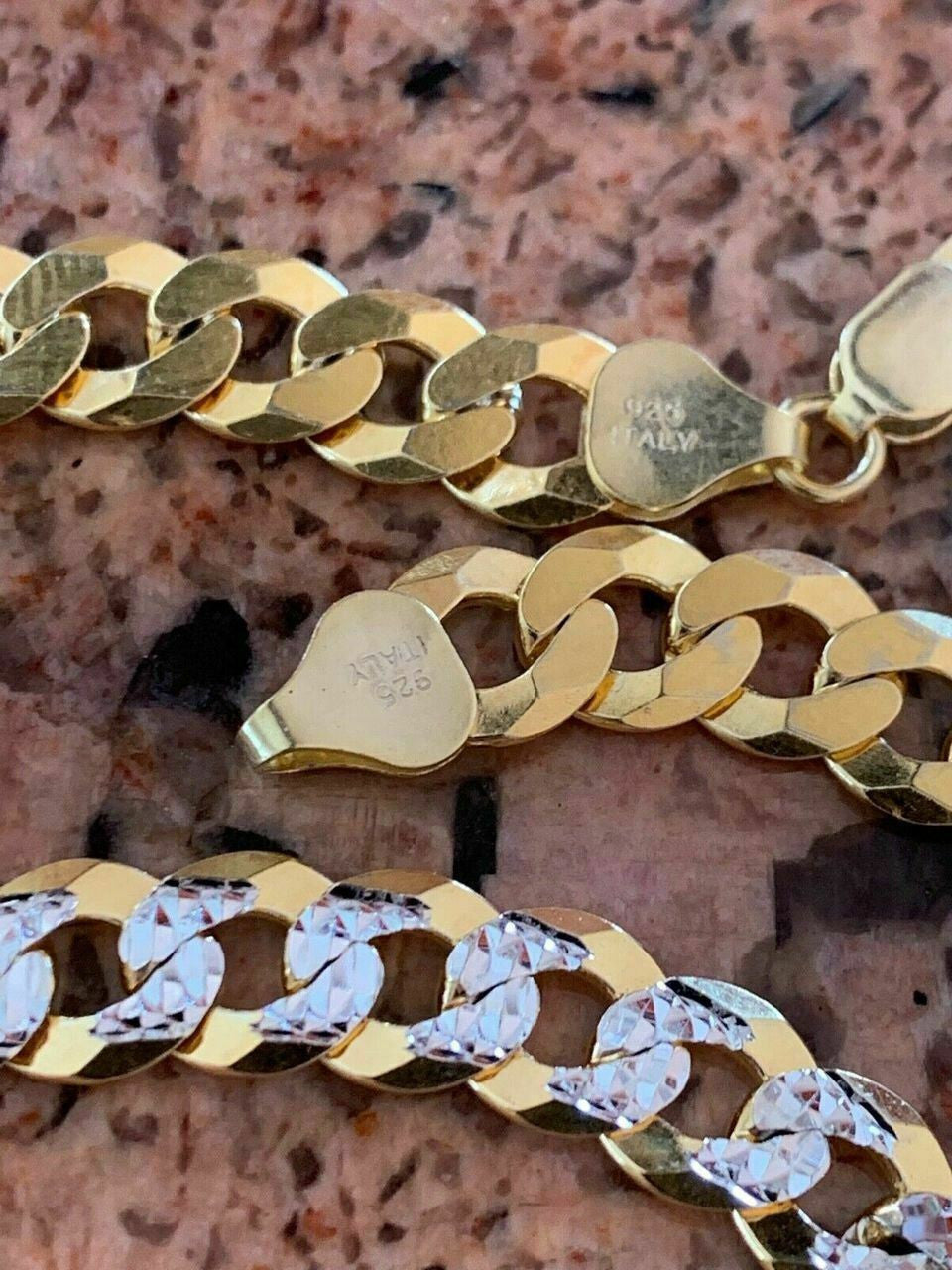 HarlemBling Mens Diamond Cut 8mm Cuban Chain 14k Gold Over Solid 925 Silver Two Tone ITALY