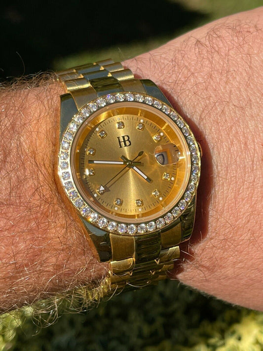 HarlemBling Mens Gold Real Stainless Iced 3.3ct Moissanite Watch Passes Diamond Tester 41mm