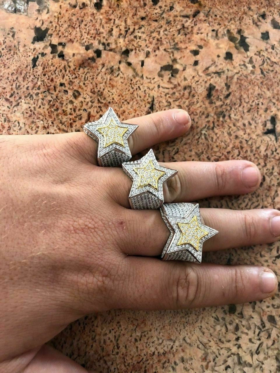 HarlemBling Mens Hip Hop 3D STAR Solid 14k Gold and 925 Silver Diamond Pinky RING Real Icy