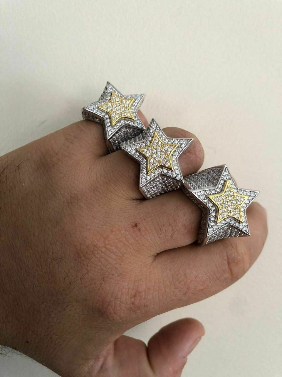 HarlemBling Mens Hip Hop 3D STAR Solid 14k Gold and 925 Silver Diamond Pinky RING Real Icy
