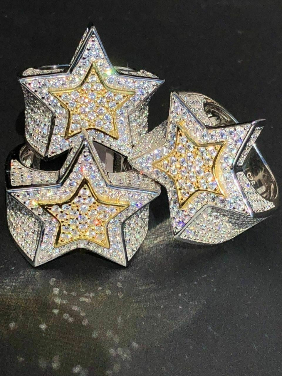 HarlemBling Mens Hip Hop 3D STAR Solid 14k Gold and 925 Silver Diamond Pinky RING Real Icy