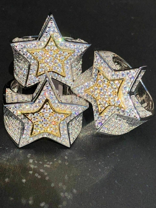 HarlemBling Mens Hip Hop 3D STAR Solid 14k Gold and 925 Silver Diamond Pinky RING Real Icy