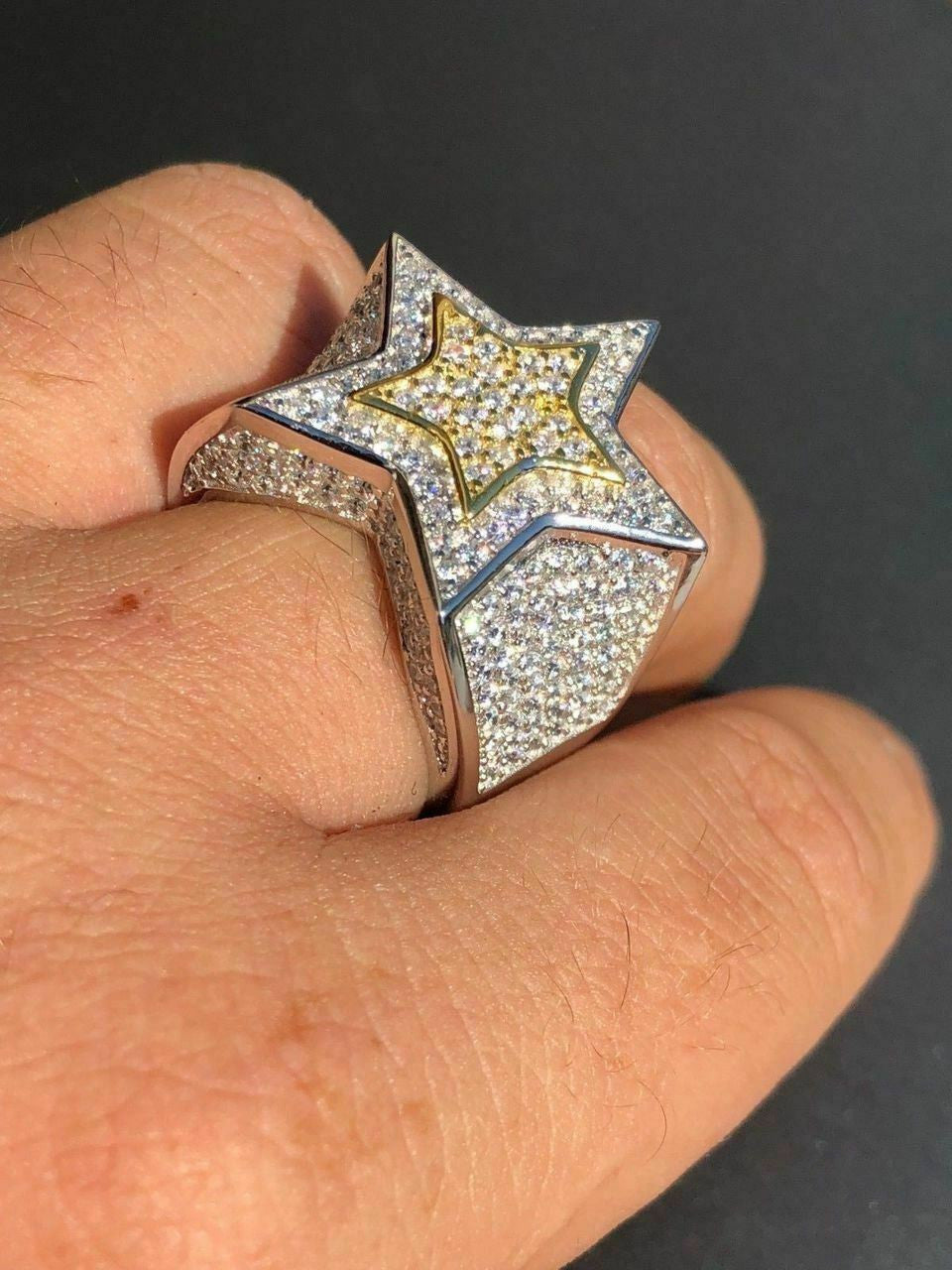 HarlemBling Mens Hip Hop 3D STAR Solid 14k Gold and 925 Silver Diamond Pinky RING Real Icy