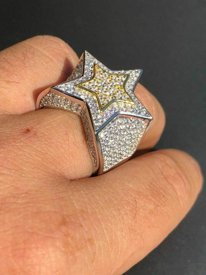 HarlemBling Mens Hip Hop 3D STAR Solid 14k Gold and 925 Silver Diamond Pinky RING Real Icy