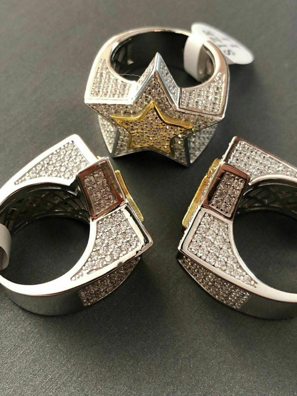 HarlemBling Mens Hip Hop 3D STAR Solid 14k Gold and 925 Silver Diamond Pinky RING Real Icy