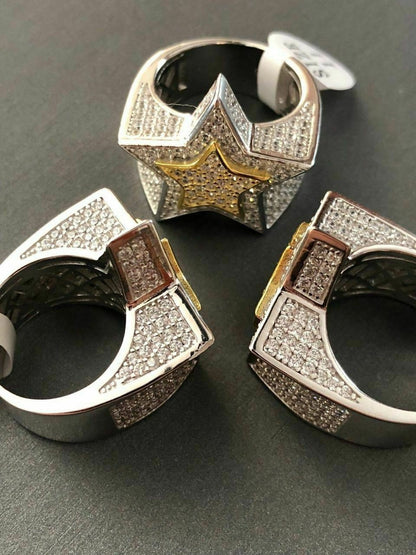 HarlemBling Mens Hip Hop 3D STAR Solid 14k Gold and 925 Silver Diamond Pinky RING Real Icy